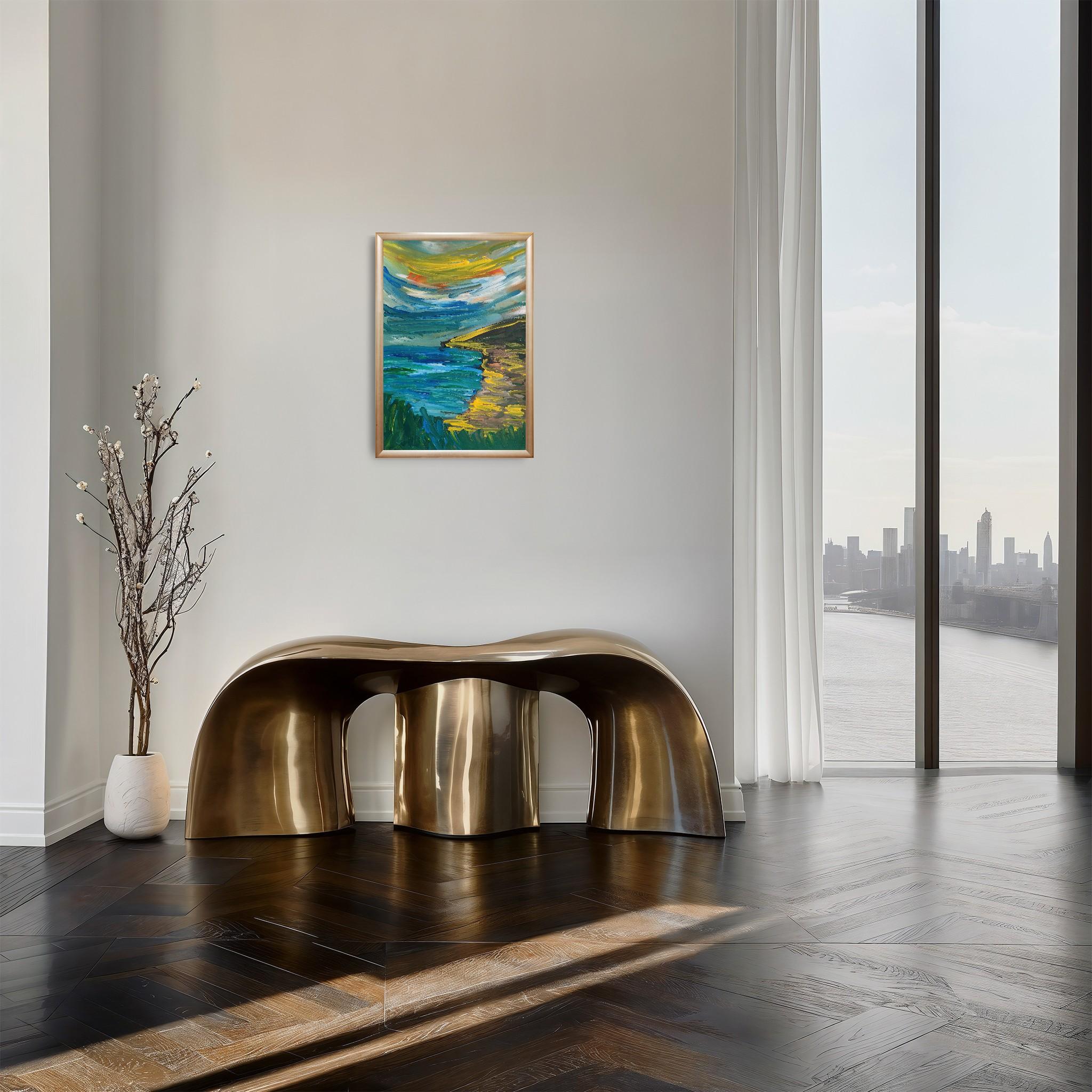 Pittura acrilica astratta contemporanea su carta di un paesaggio marino impressionista - Landscape Painting Blu di Mougenot Natalya