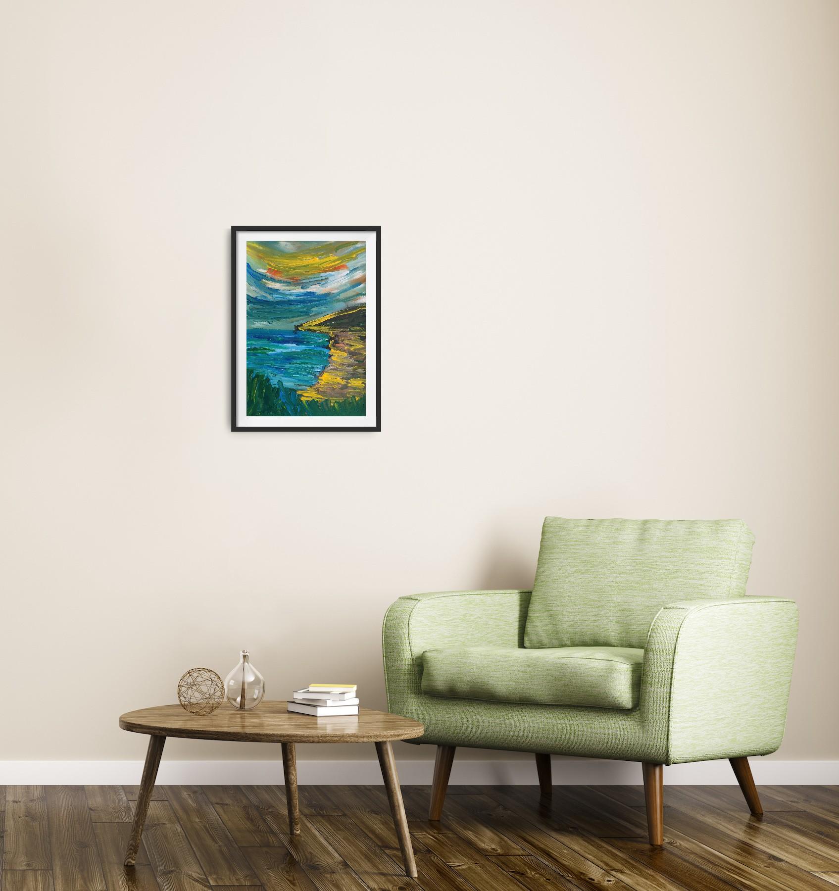 Pittura acrilica astratta contemporanea su carta di un paesaggio marino impressionista in vendita 1