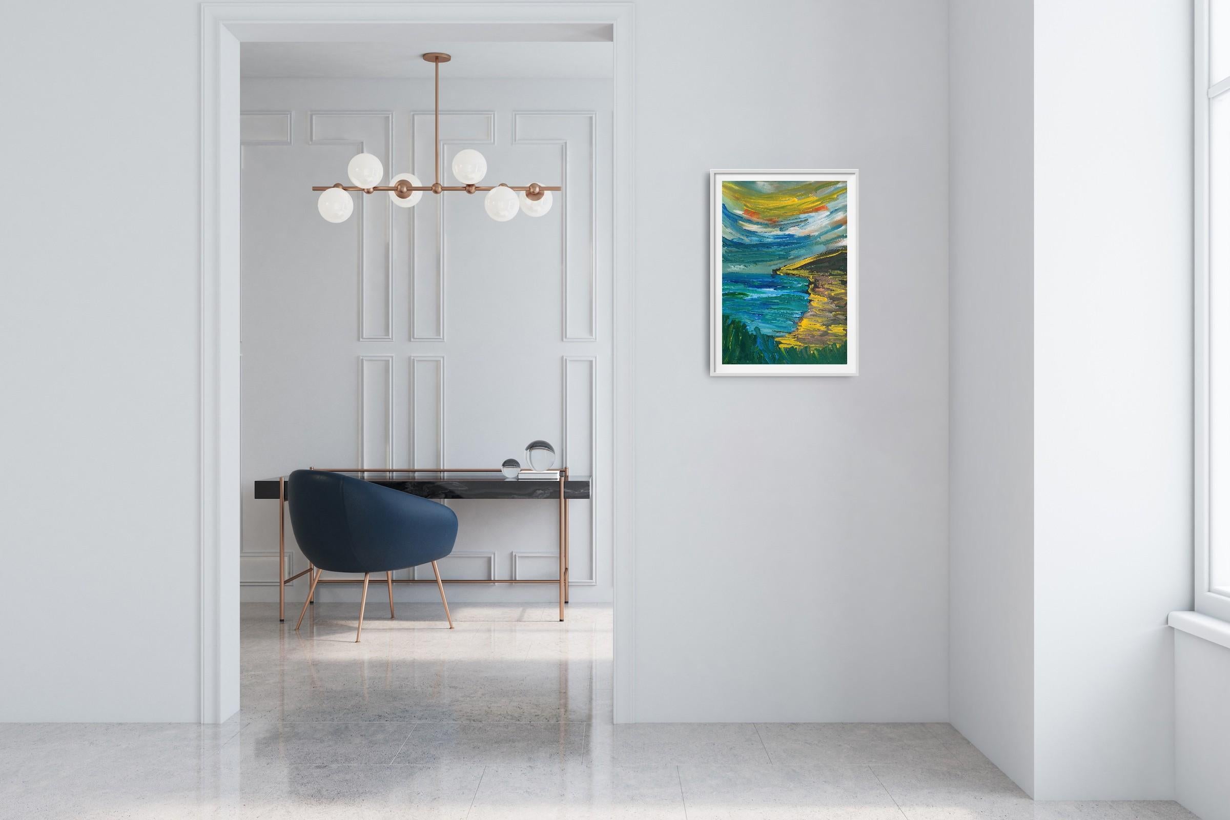 Pittura acrilica astratta contemporanea su carta di un paesaggio marino impressionista in vendita 2
