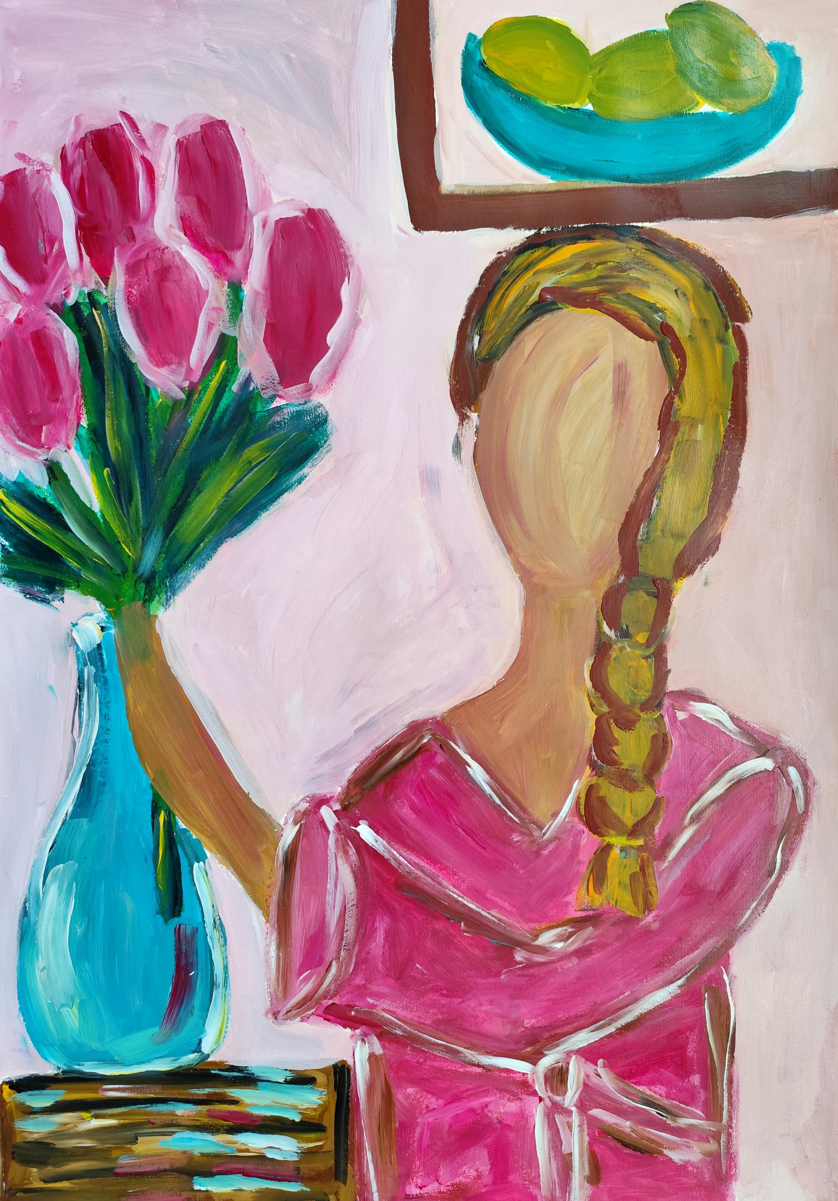 Large contemporary abstract figurative painting of a woman "Reaching for beauty"