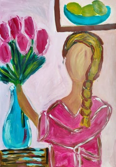 Large contemporary abstract figurative painting of a woman "Reaching for beauty"