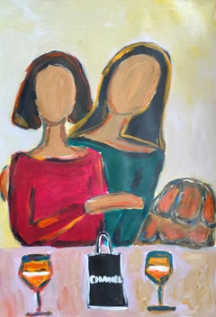 Large contemporary abstract figurative painting two women dog "Secrets Together"