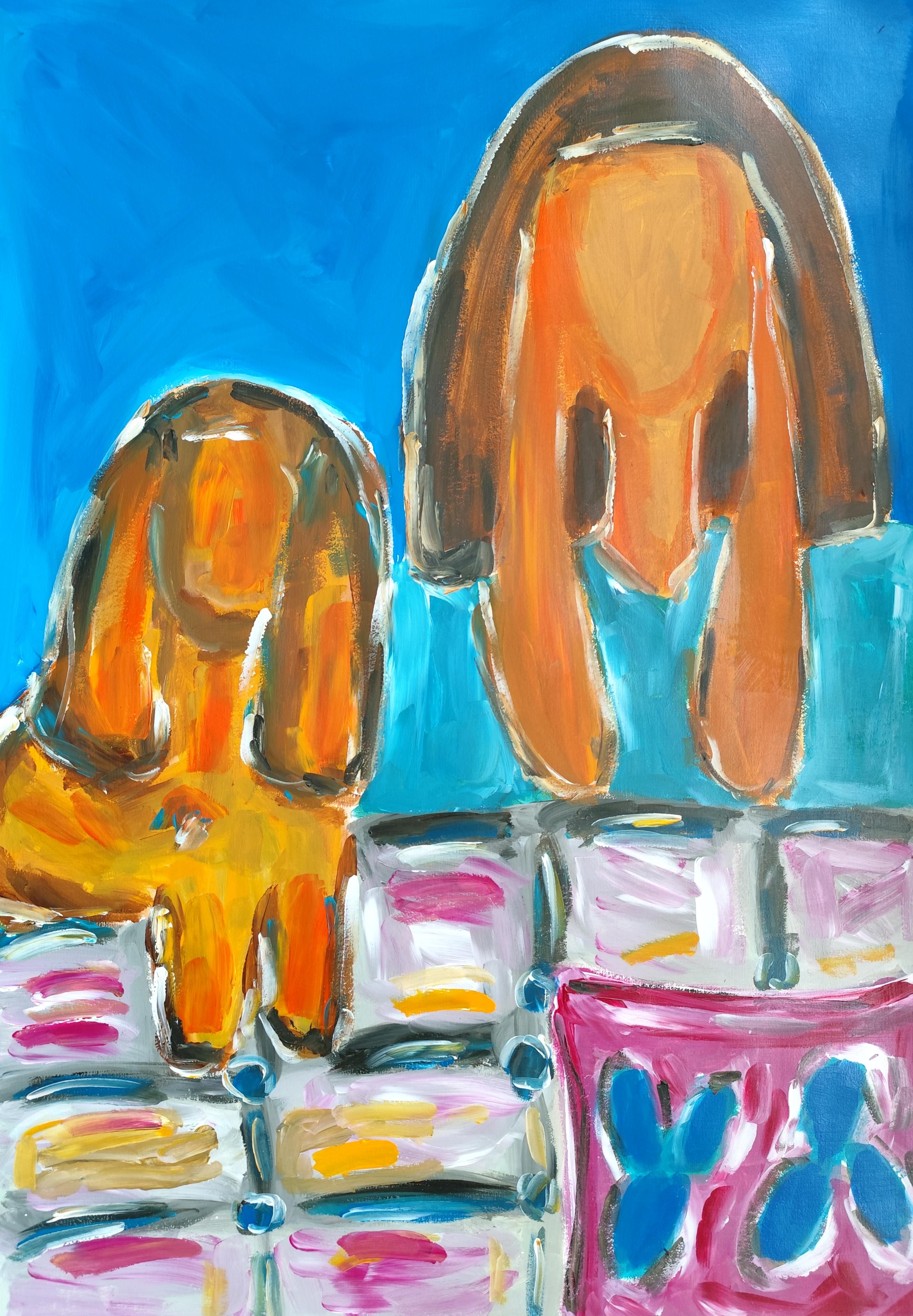 Large contemporary figurative painting of a woman and a dog "Side by side"