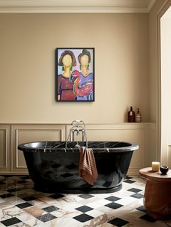Large contemporary figurative painting of two women "Flamingo between us"