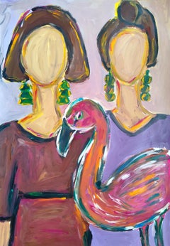 Large contemporary figurative painting of two women "Flamingo between us"