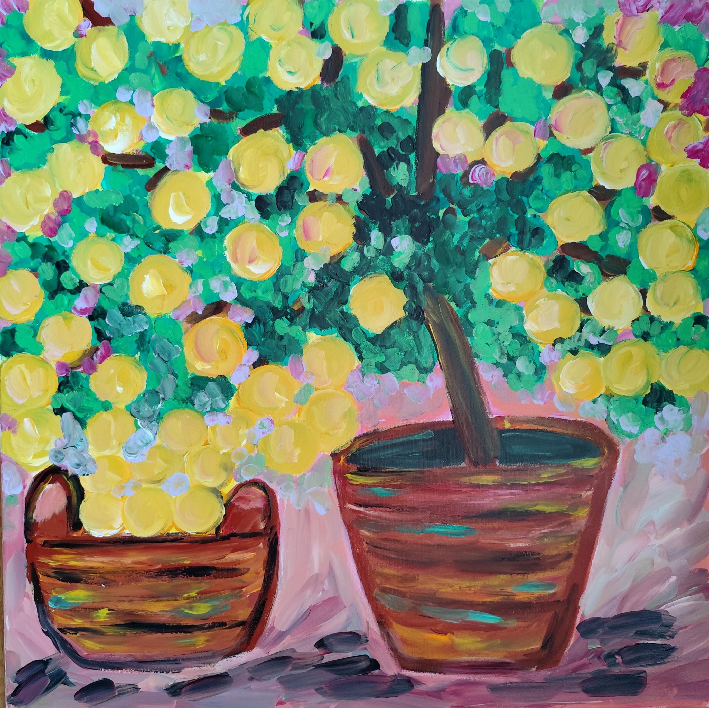 "Lemon Light" Zeitgenössisches Zitronenstillleben, Acryl auf Leinwand