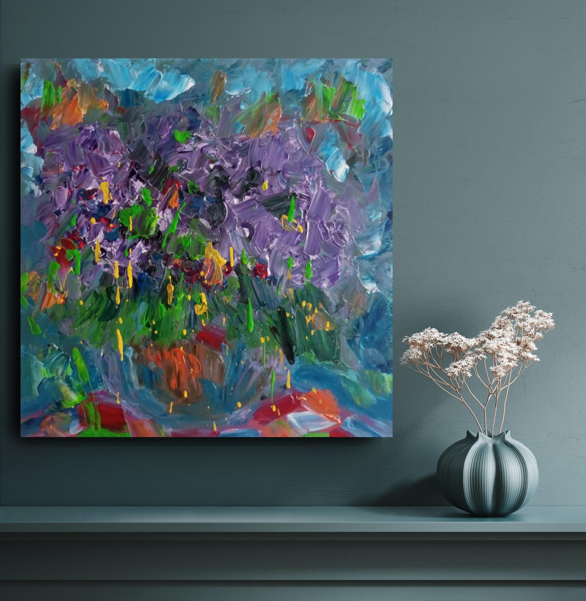 Lilac flowers in a vase  - Abstract Impressionist Painting by Mougenot Natalya