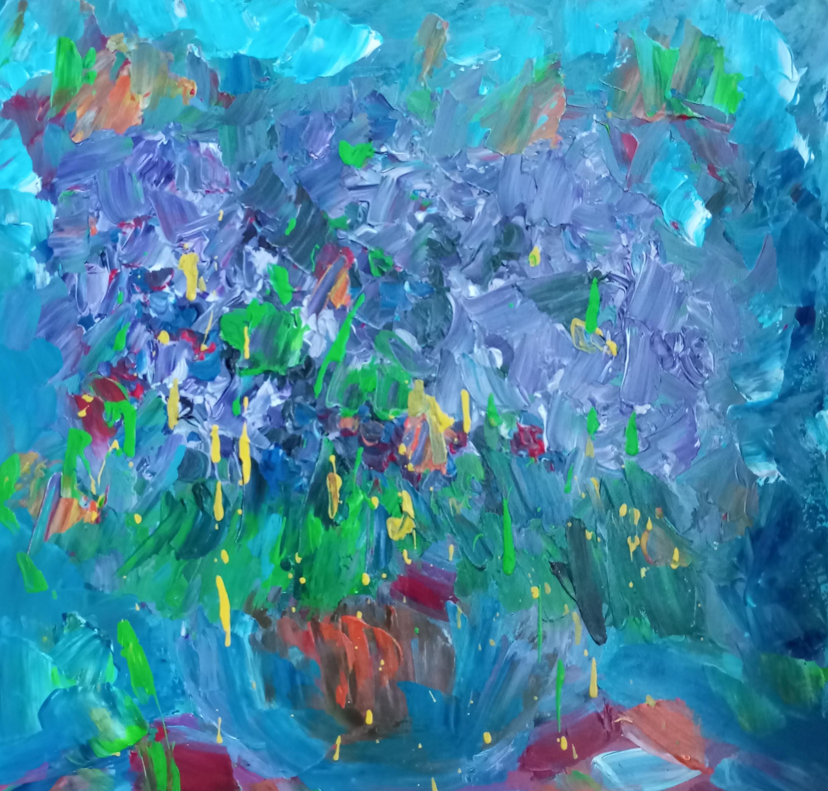 Arte floral impresionista abstracto contemporáneo  "Flores lilas en un jarrón "