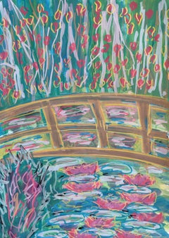 „Lilien unter der Brücke“ – zeitgenössisches impressionistisches Gemälde, inspiriert von Monet