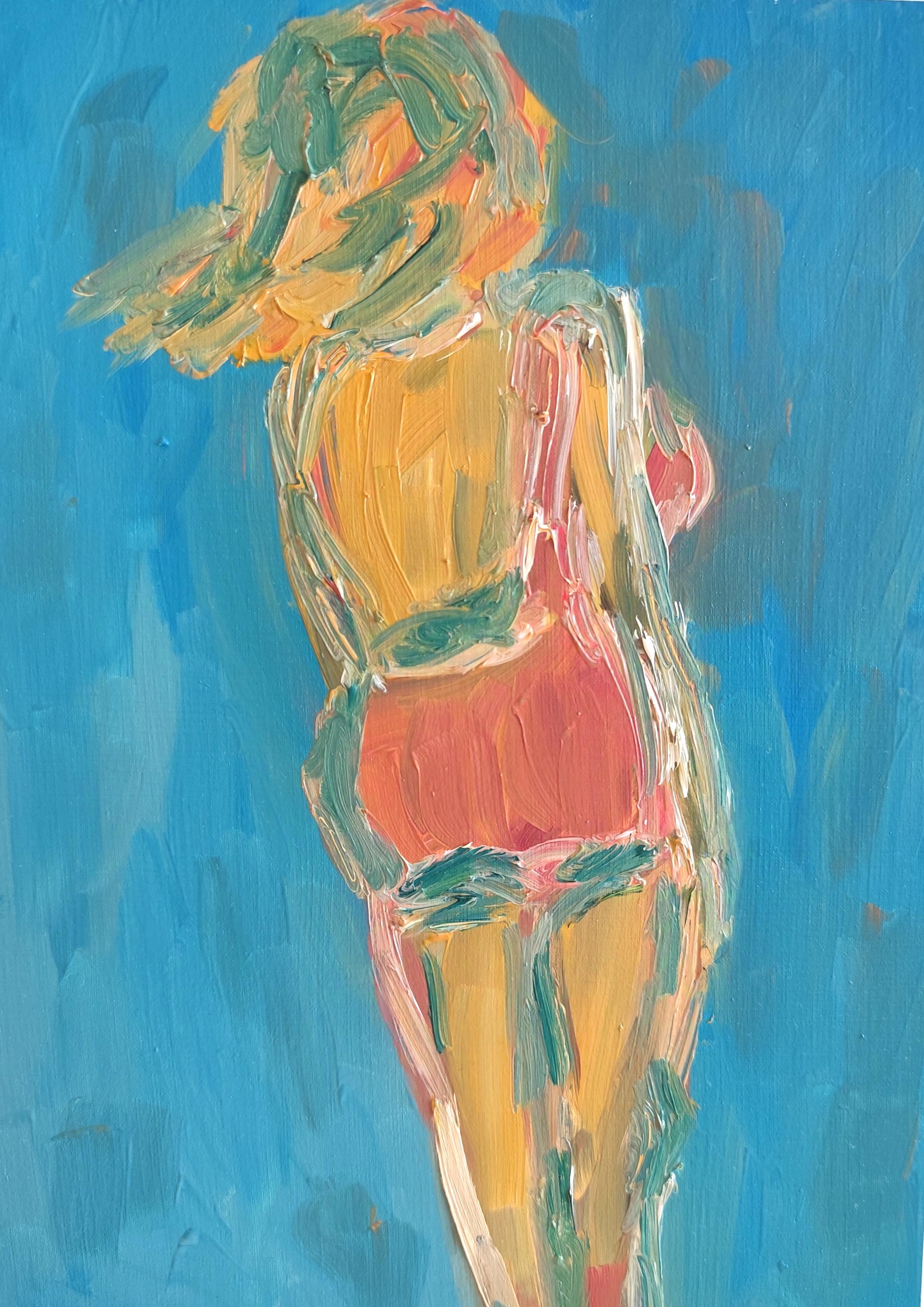 Portrait Painting de Mougenot Natalya - "Marilyn Monroe y el azul del océano" ( óleo semiabstracto de mujer sobre papel)