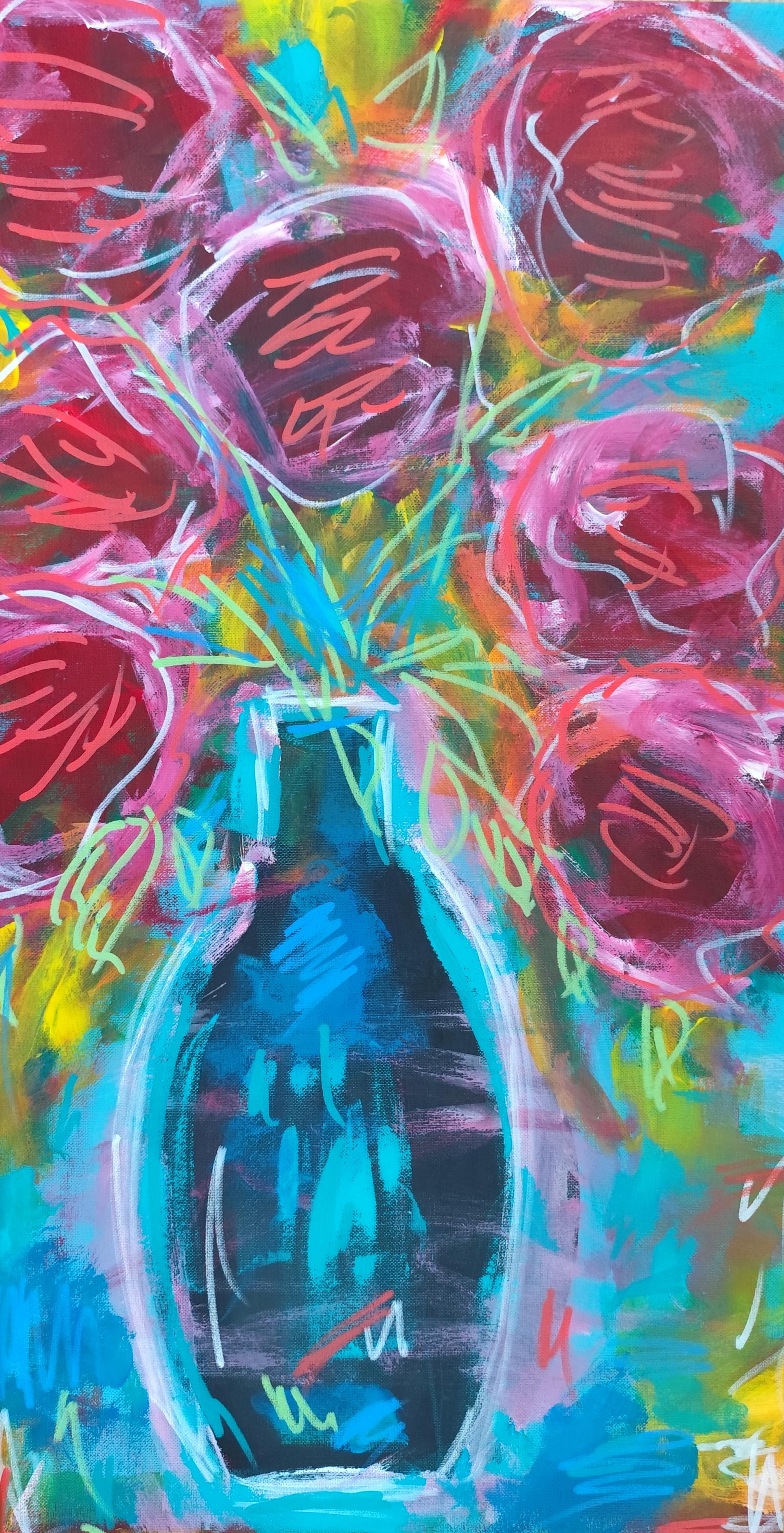 Modern abstract expressionist blue floral painting linen canvas "Color breath"