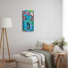 Modern abstract expressionist blue floral painting on linen canvas "Vase Dream"