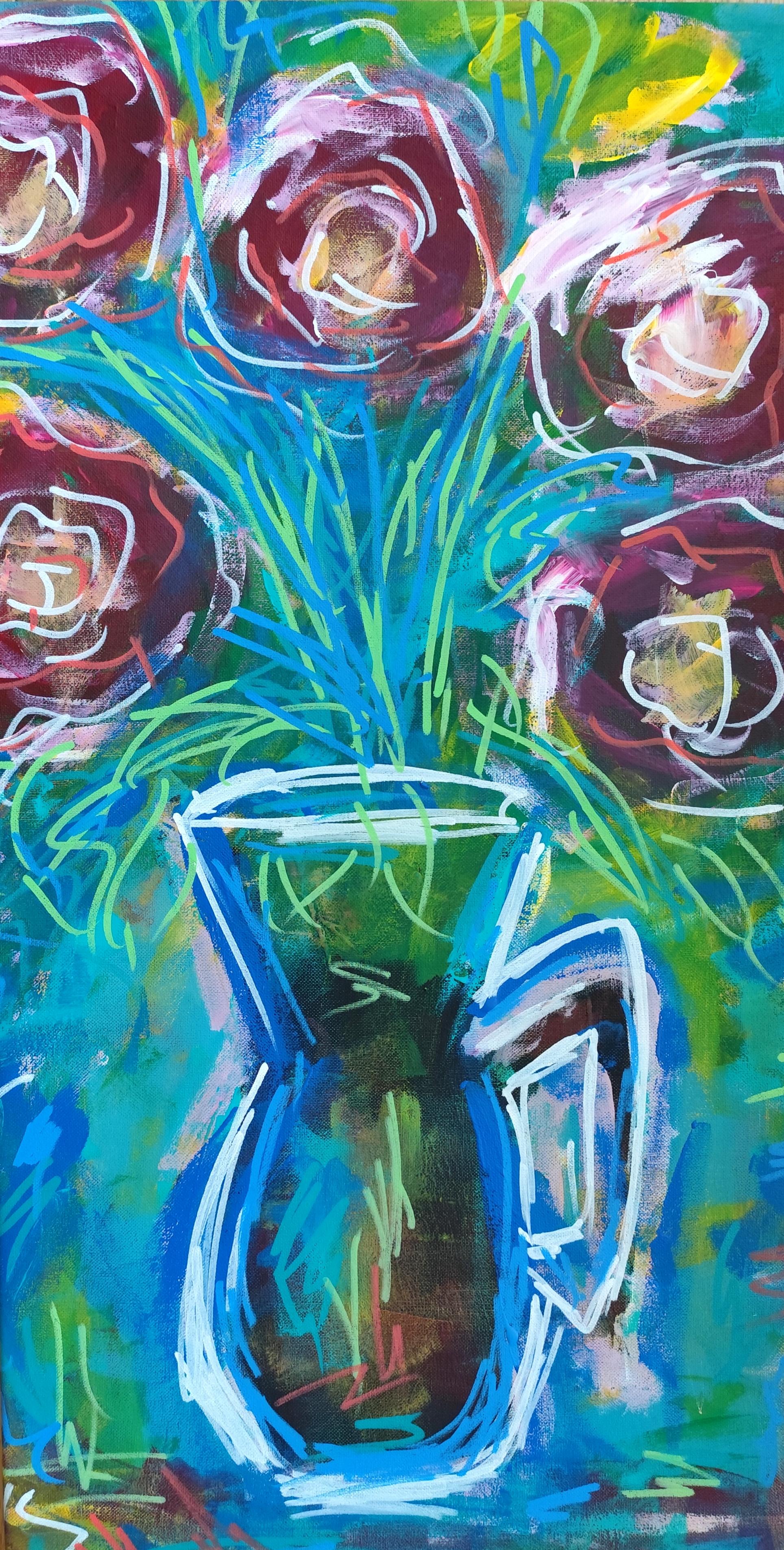 Modern abstract expressionist blue floral painting on linen canvas "Vase Dream"