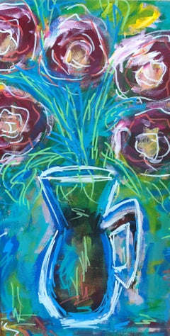 Modern abstract expressionist blue floral painting on linen canvas "Vase Dream"