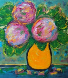 Peinture moderne abstraite expressionniste florale sur toile de lin "Flower Light".