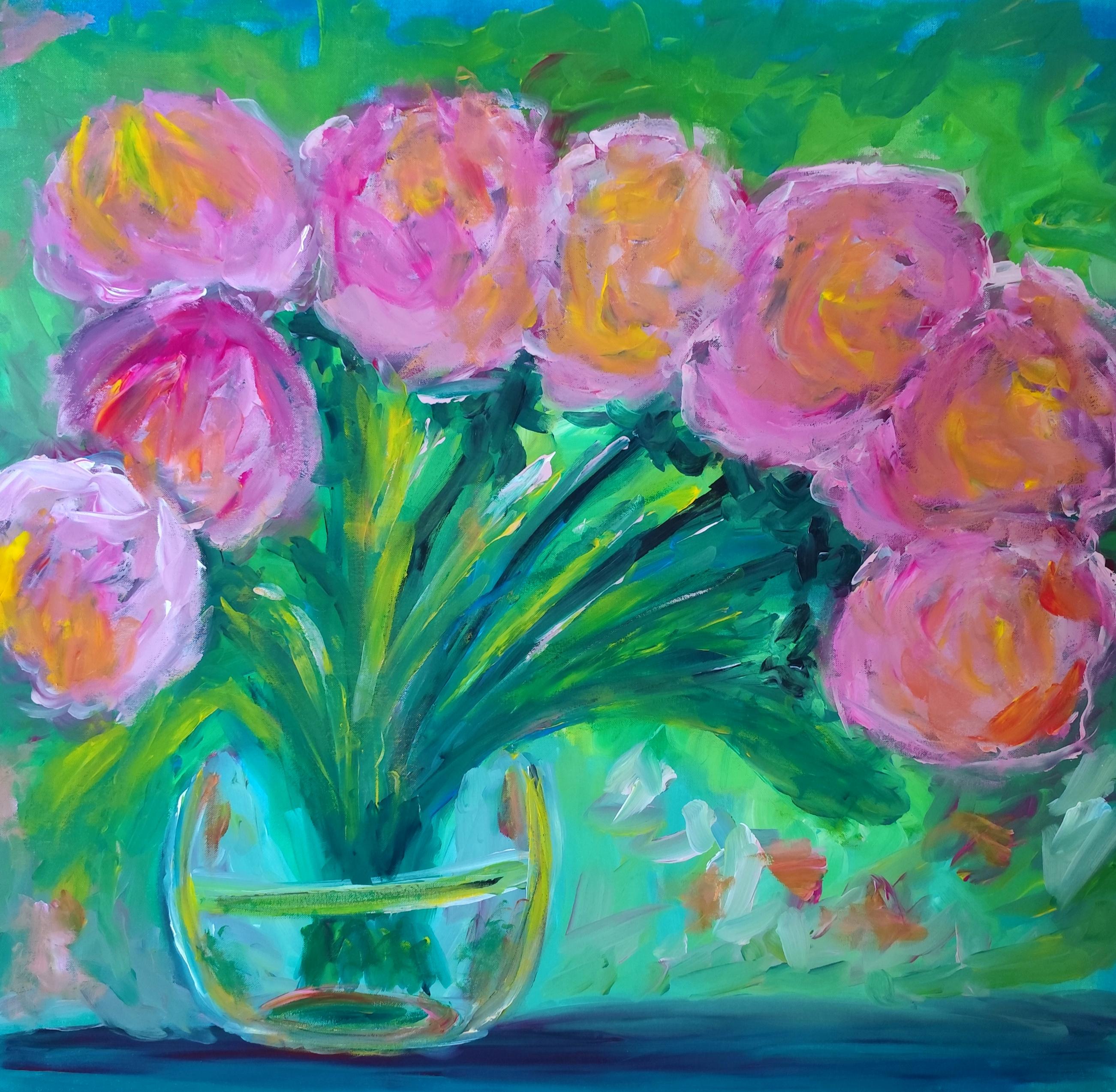 Modern abstract expressionist floral painting on linen canvas "Peony Bloom"