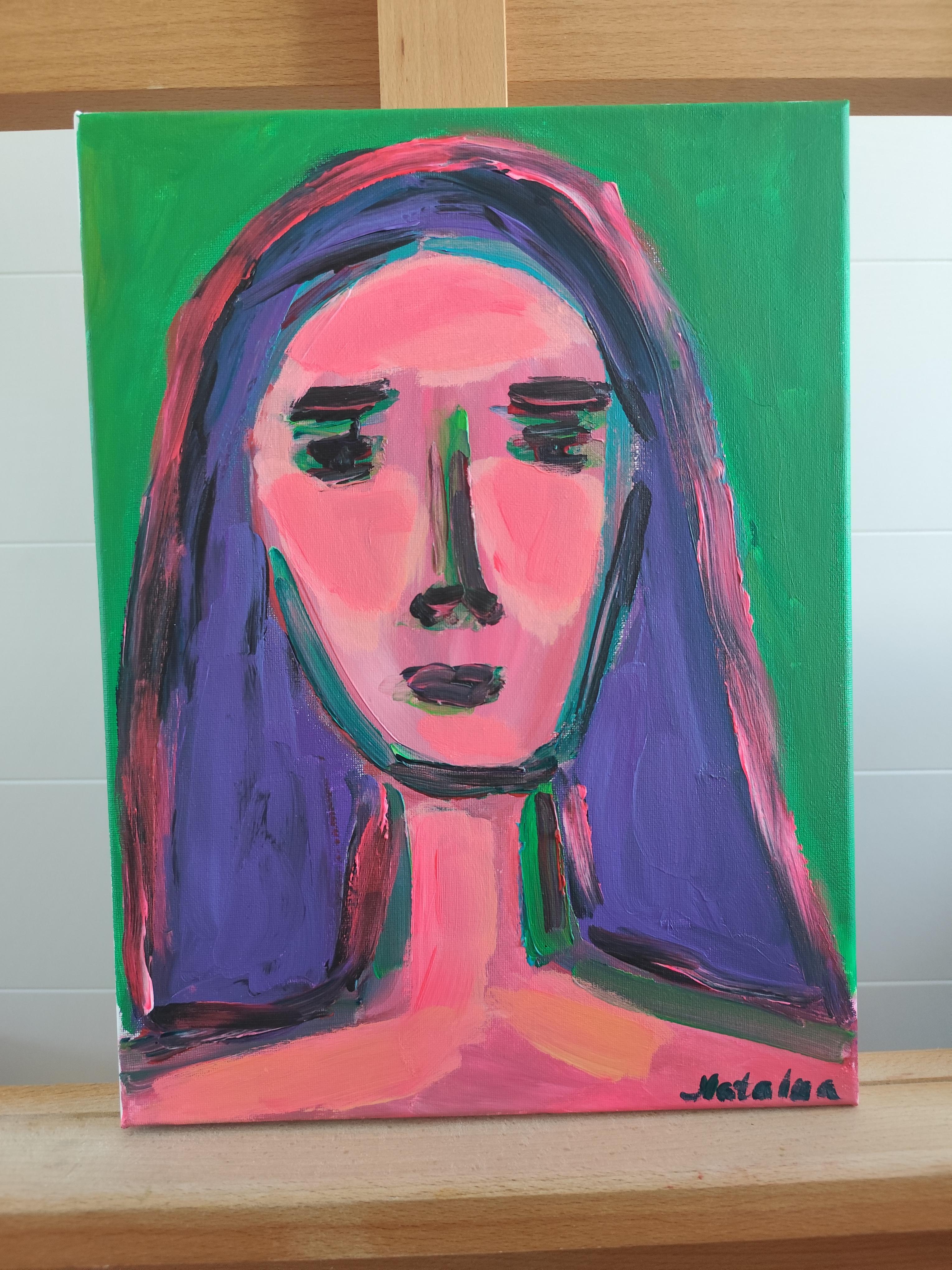 Modernes abstraktes Expressionistenporträt Frau Acryl auf Leinwand 