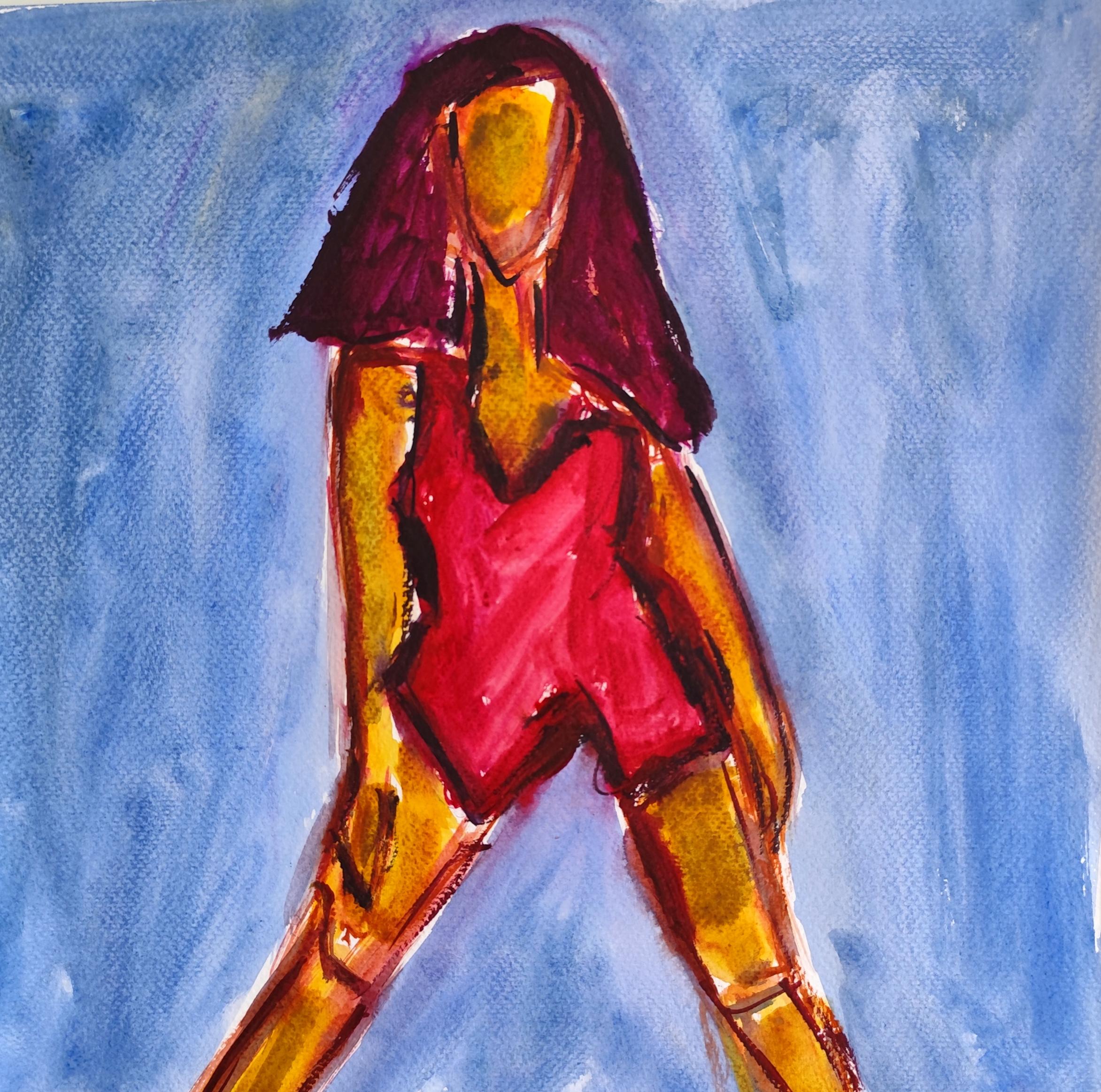 Mougenot Natalya Abstract Painting - Modern abstract expressionist woman
s figure painting  "In my red swimsuit"