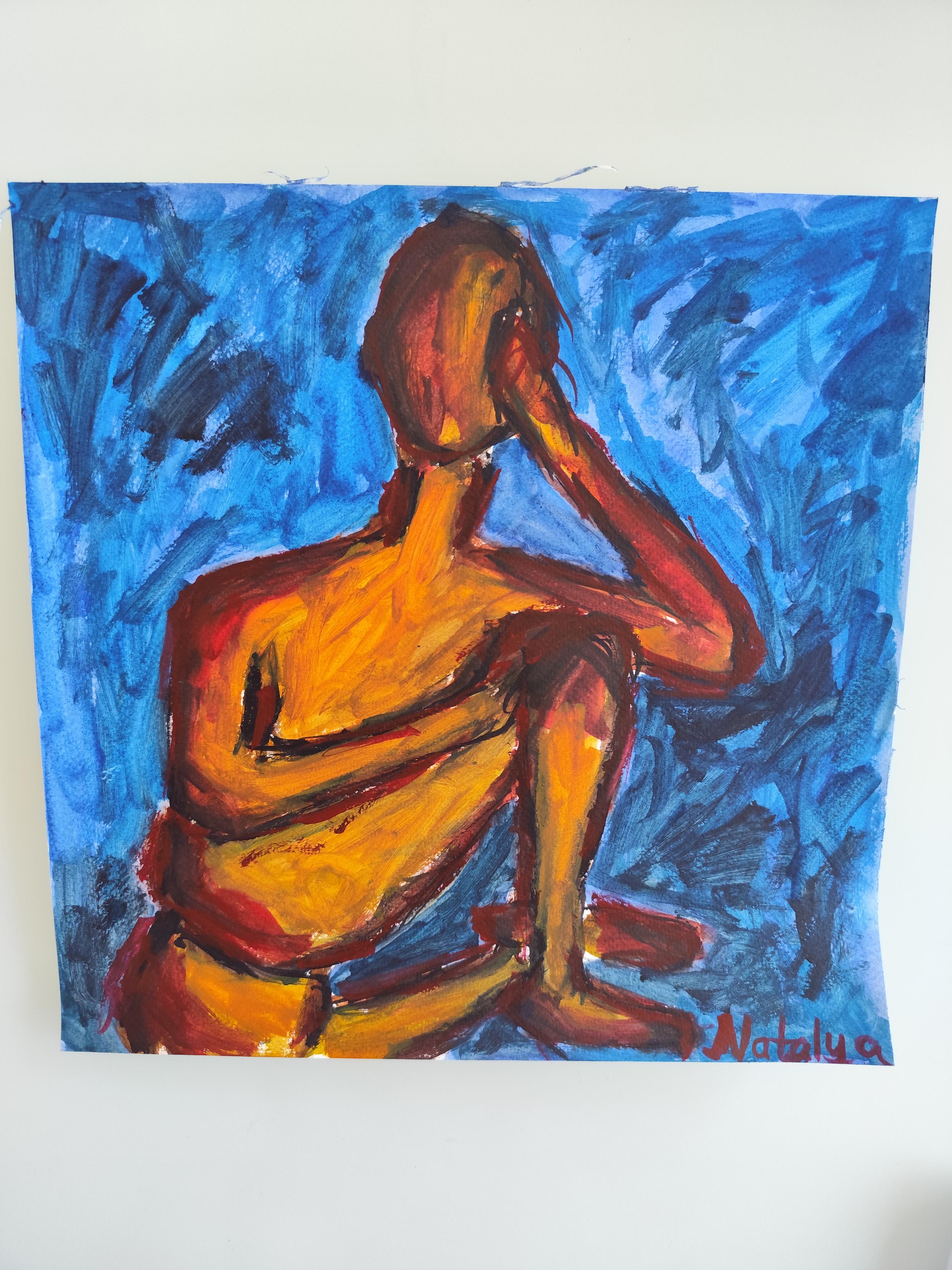 Modernes abstraktes expressionistisches Frauenfigurenbild auf Papier 