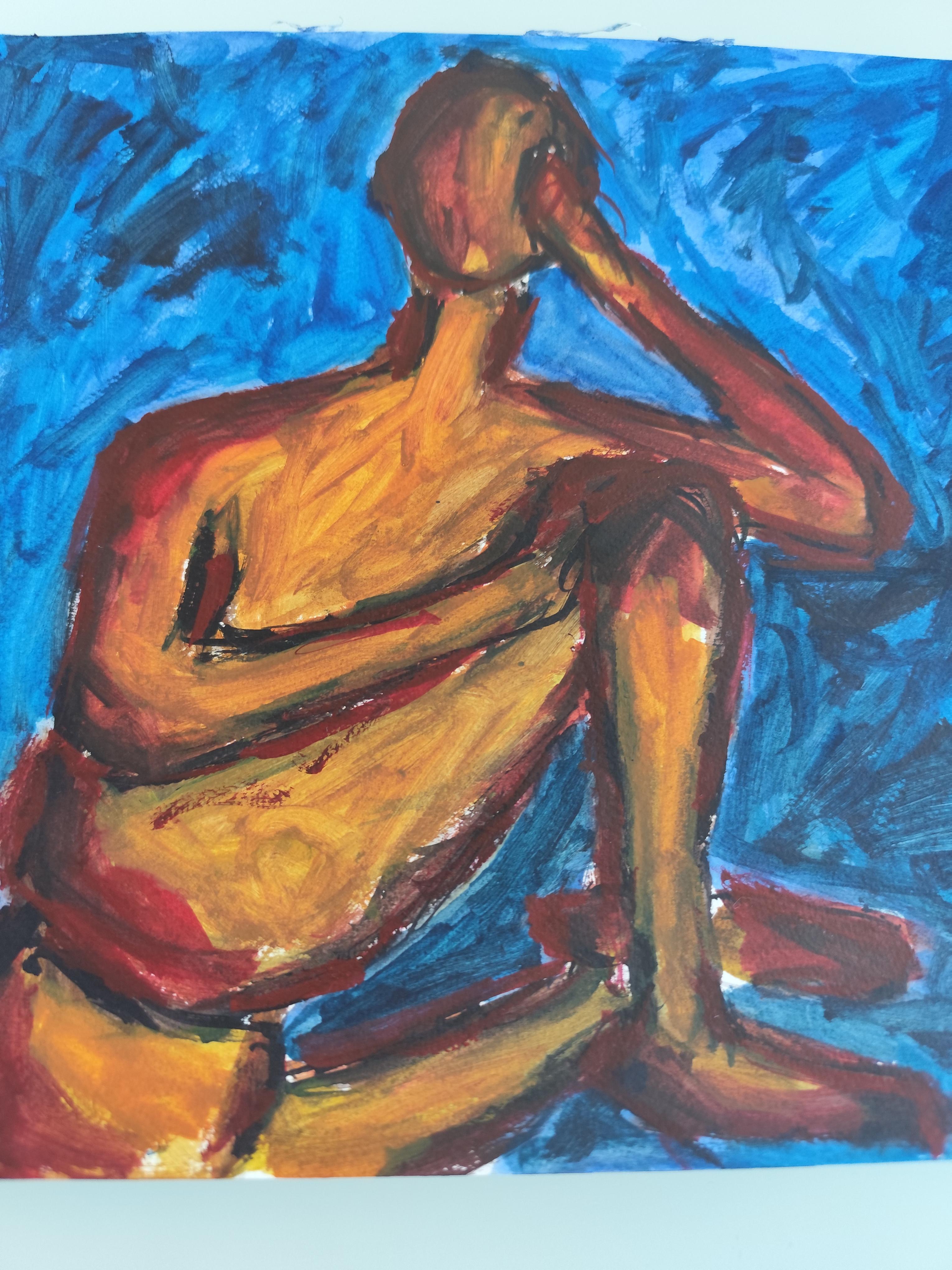 Modernes abstraktes expressionistisches Frauenfigurenbild auf Papier 