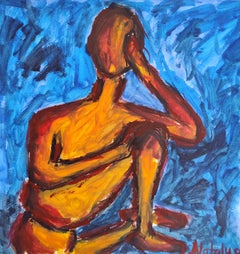 Peinture expressionniste abstraite moderne d'une silhouette de femme sur papier "Réflexion calme"