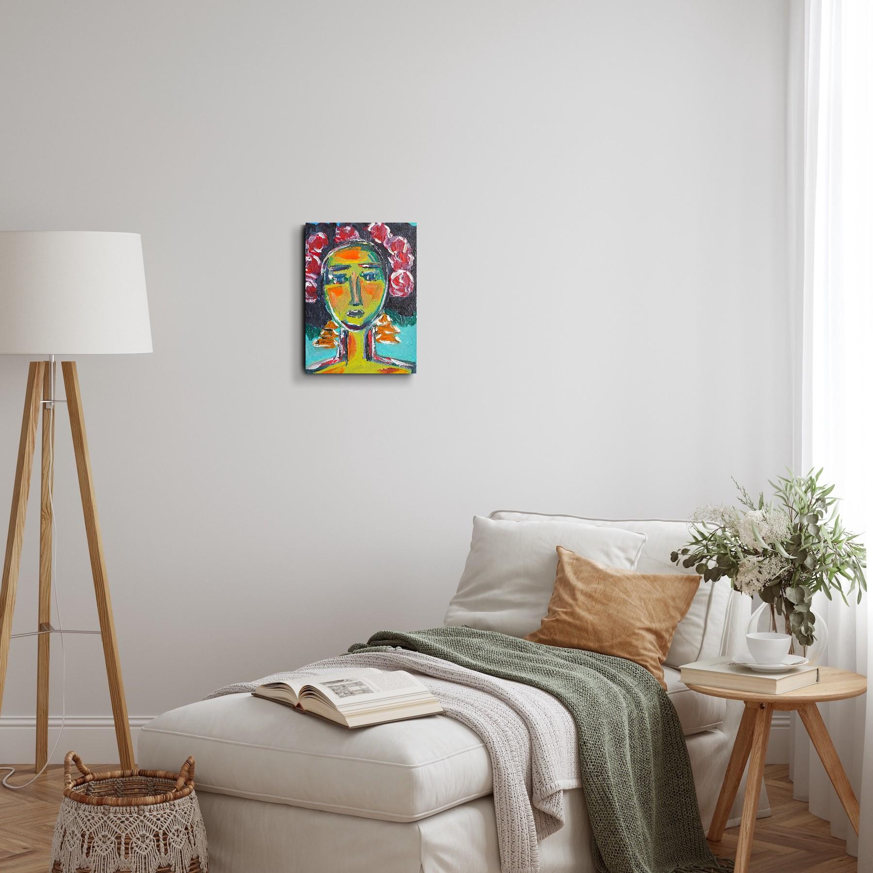 In “Floral Strength”, French artist Natalya Mougenot pays homage to the enduring spirit of women through a contemporary abstract expressionist portrait. The work resonates with echoes of Frida Kahlo, not in literal resemblance, but in essence—her