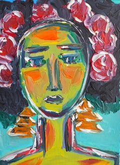 Modernes abstraktes expressionistisches Frauenporträt Frida Kahlo "Blumenkraft"