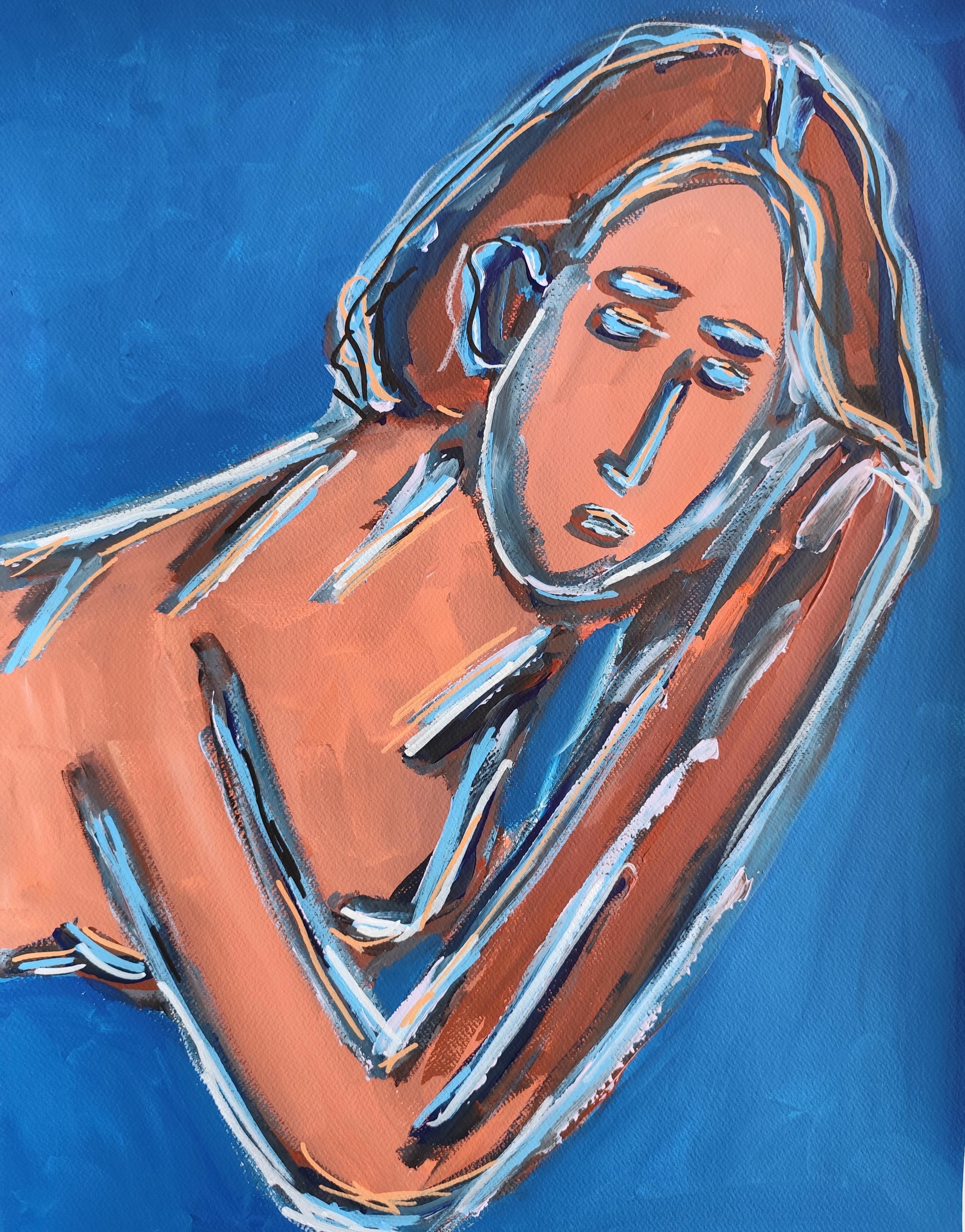 Modern abstract figurative woman's portrait acrylic painting "Between times"