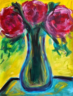 Modern abstract Impressionist still life floral painting on paper "Roses Trio"