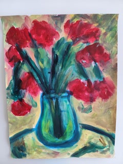 Abstrait moderne Impressionniste nature morte peinture florale "Roses en silence"