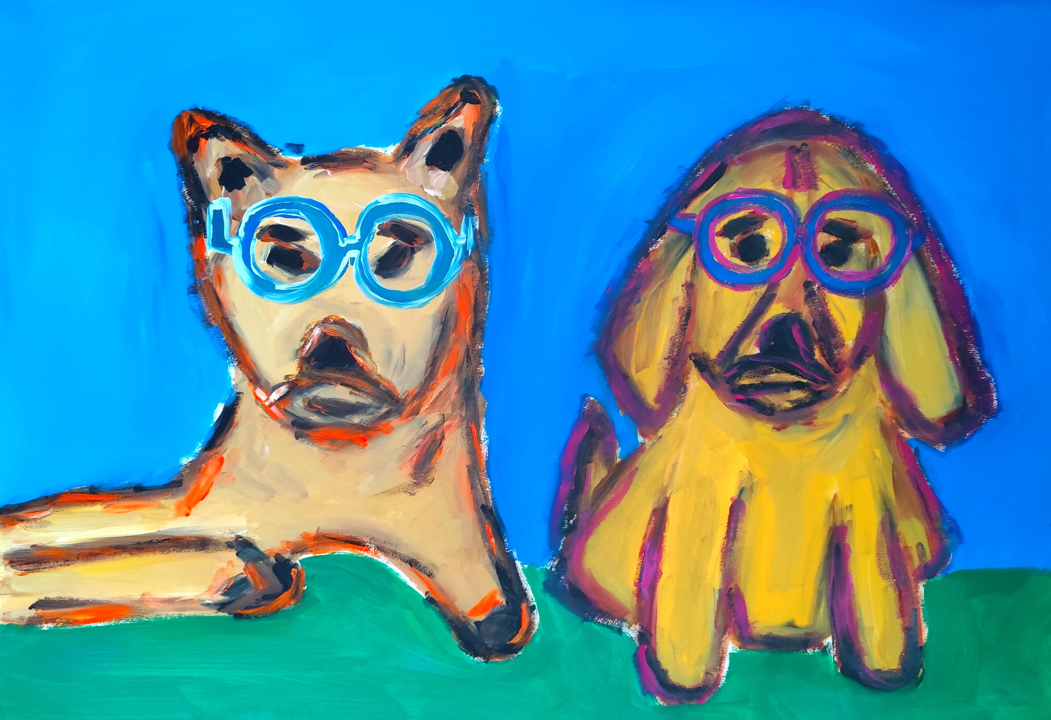 Modern large abstract  animal figurative portrait of two dogs "Faithful Duo"