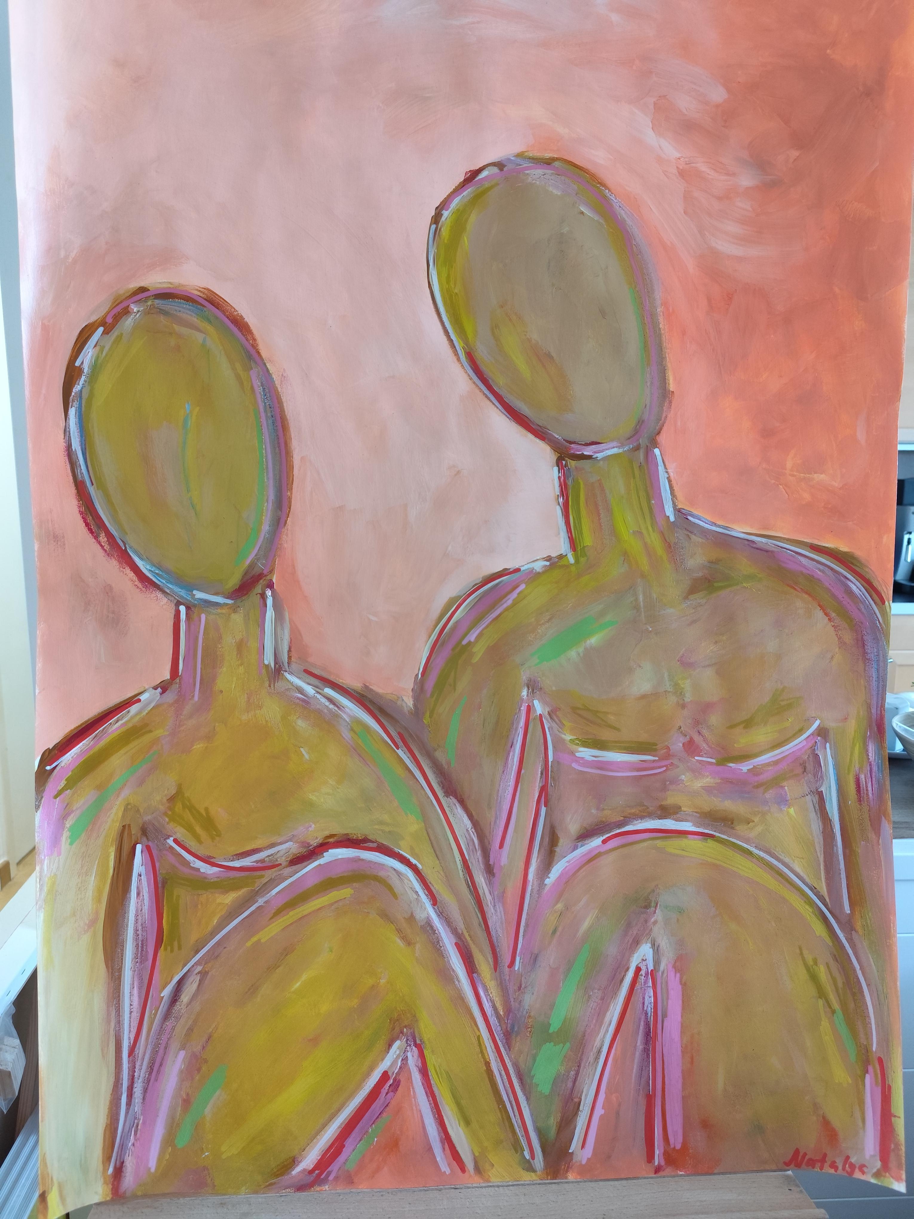 Modern large abstract figurative acrylic painting of two women 