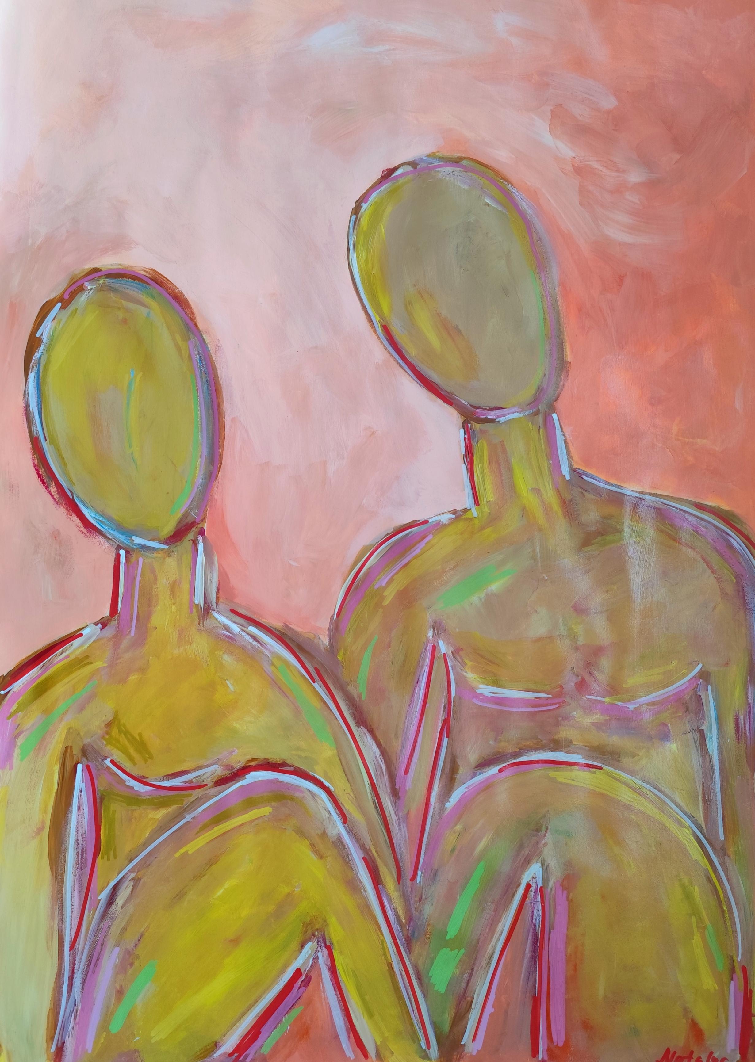 Mougenot Natalya Figurative Painting - Modern large abstract figurative acrylic painting of two women " Two souls"