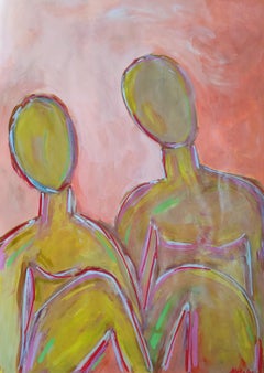 Modern large abstract figurative acrylic painting of two women " Two souls"