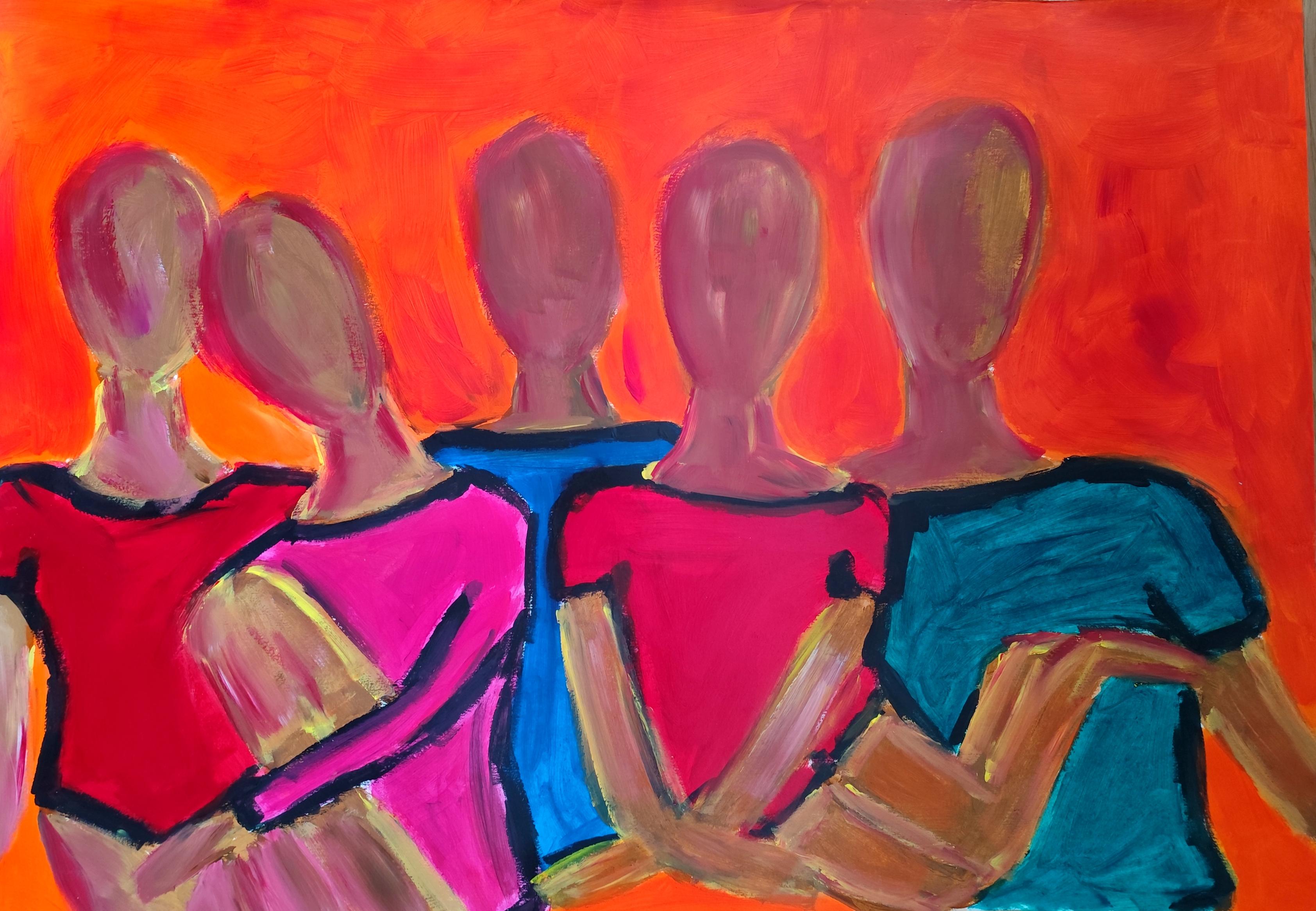 Mougenot Natalya Portrait Painting - Modern large abstract  figurative portrait of five women "Collective spirit"