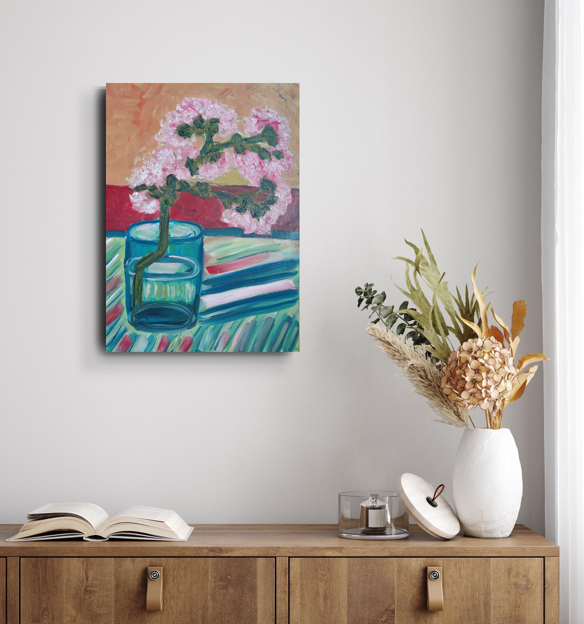 Quadro ad olio impressionista contemporaneo di fiori di mandorlo di ispirazione Van Gogh - Painting di Mougenot Natalya