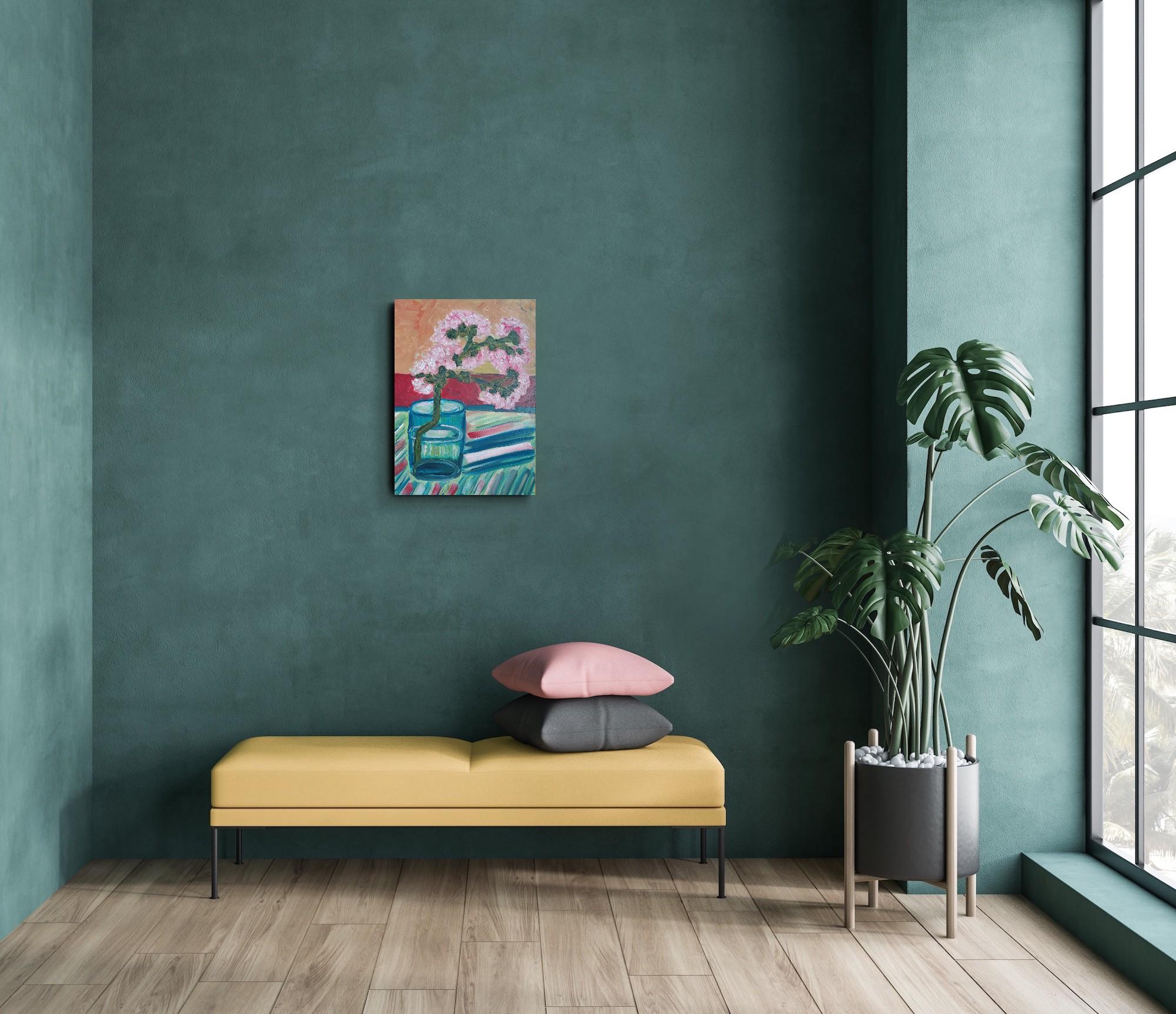 Quadro ad olio impressionista contemporaneo di fiori di mandorlo di ispirazione Van Gogh - Still-Life Painting Grigio di Mougenot Natalya