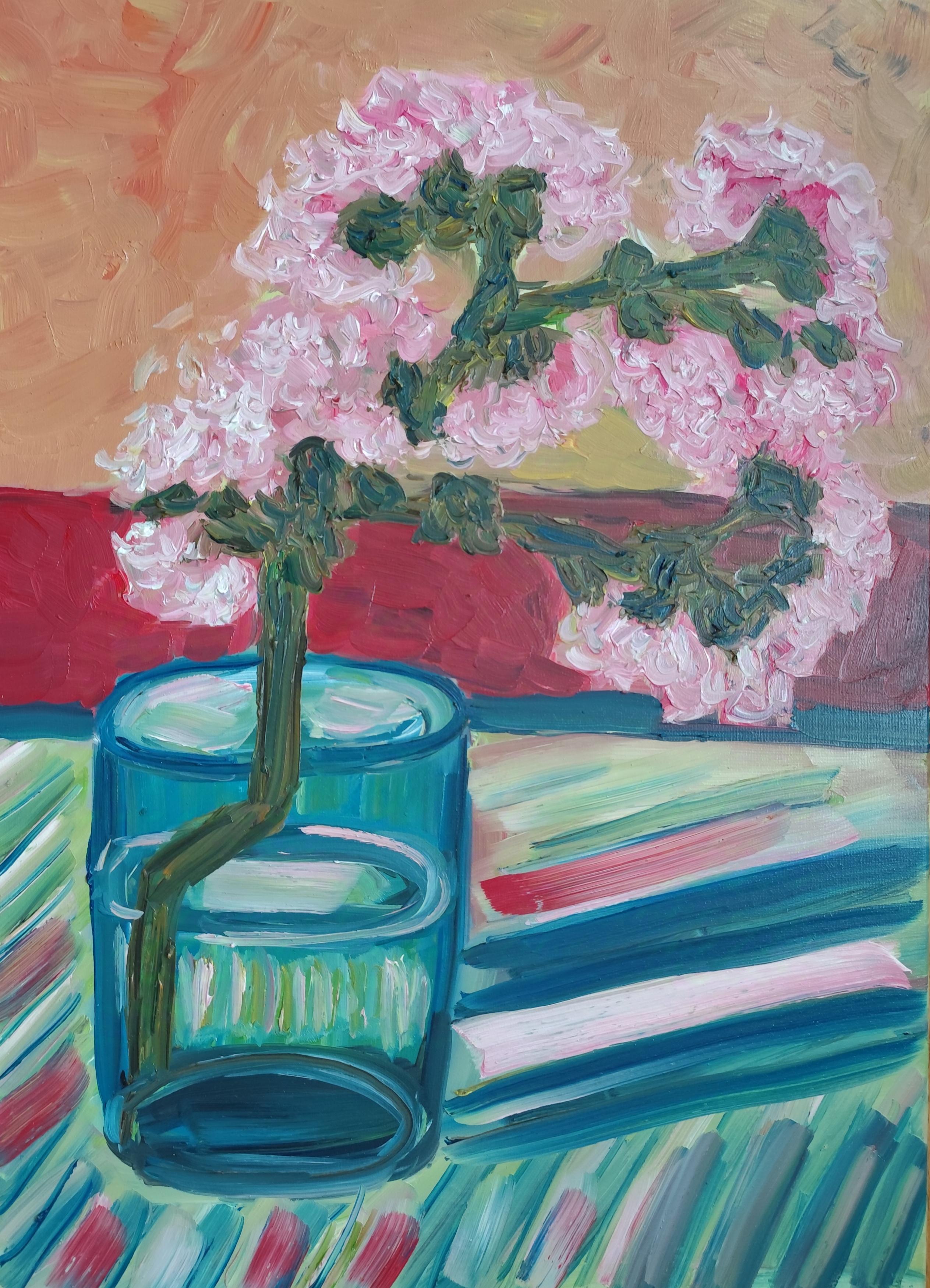 Still-Life Painting di Mougenot Natalya - Quadro ad olio impressionista contemporaneo di fiori di mandorlo di ispirazione Van Gogh