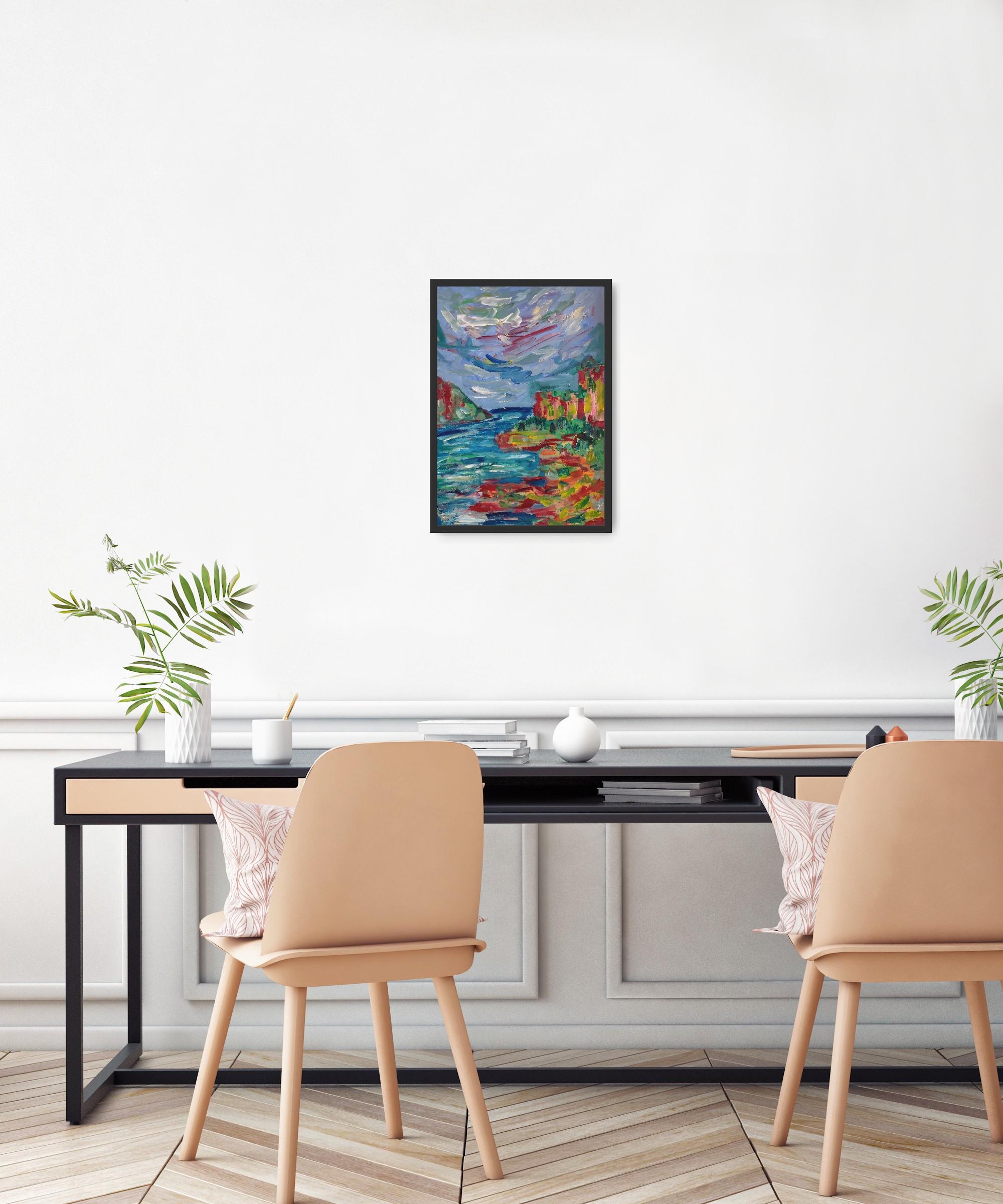 Questo quadro di paesaggio astratto impressionista contemporaneo, infuso con elementi di espressionismo e brut art, è una creazione dell'artista francese Natalya Mougenot.

Intitolata 
