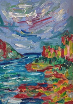 Paisaje expresivo abstracto pintura acrílica sobre papel "Mi encantador lugar para estar"