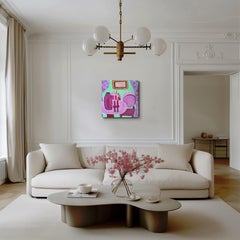 "Habitación rosa" Pintura interior moderna en acrílico sobre lino, Naturaleza muerta expresiva