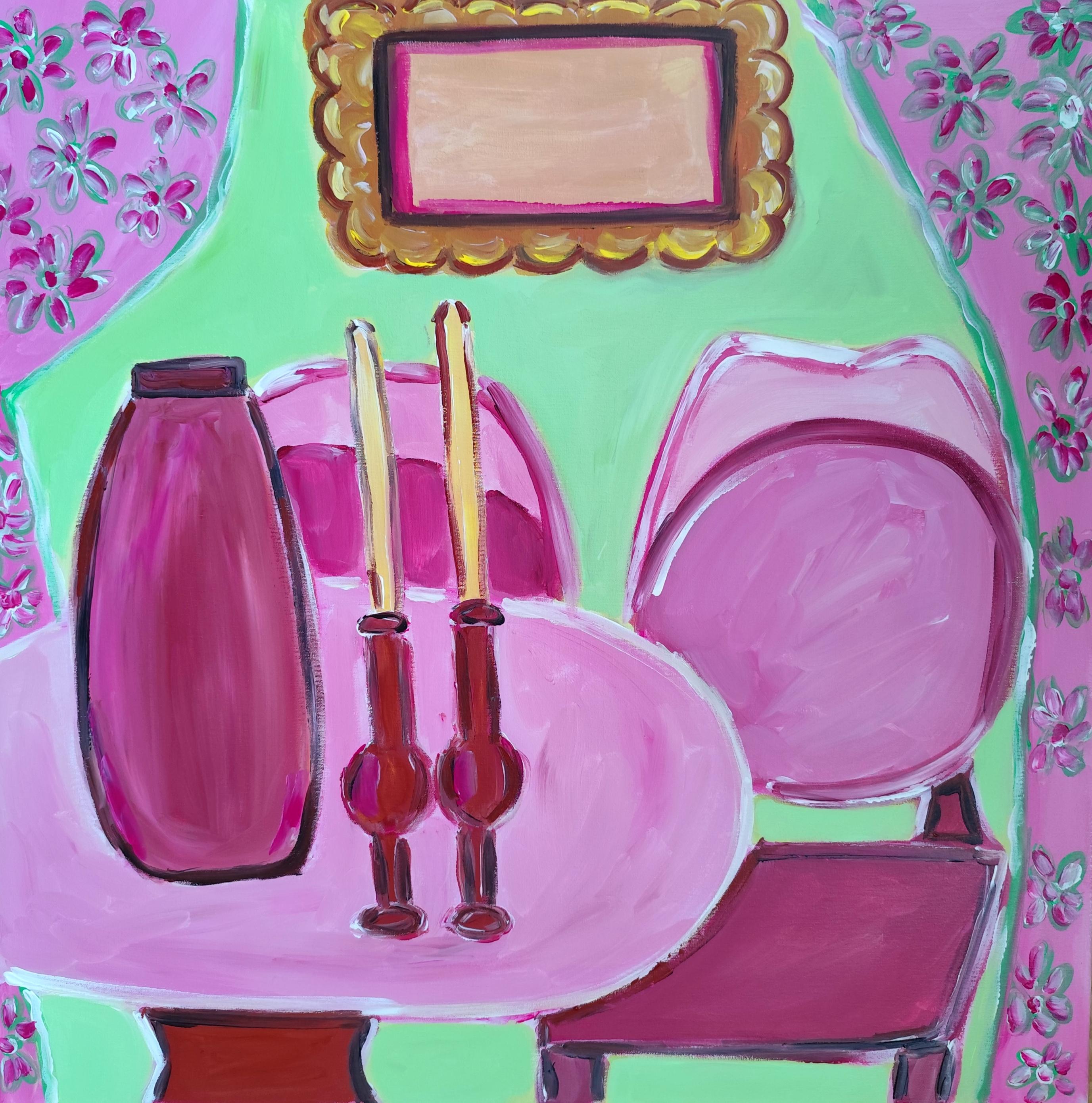 Abstract Painting Mougenot Natalya - "Pink Room" peinture d'intérieur moderne à l'acrylique sur lin, nature morte expressive.