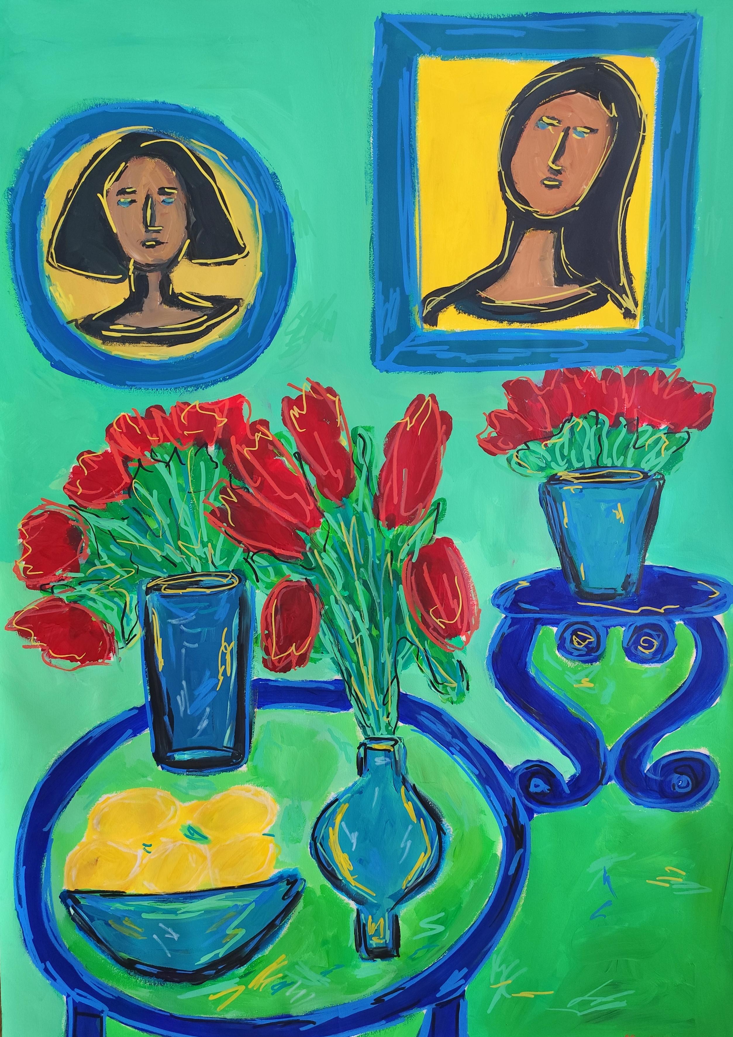 Portrait Painting de Mougenot Natalya - "Interior tranquilo" Bodegón de gran formato influenciado por Henri Matisse