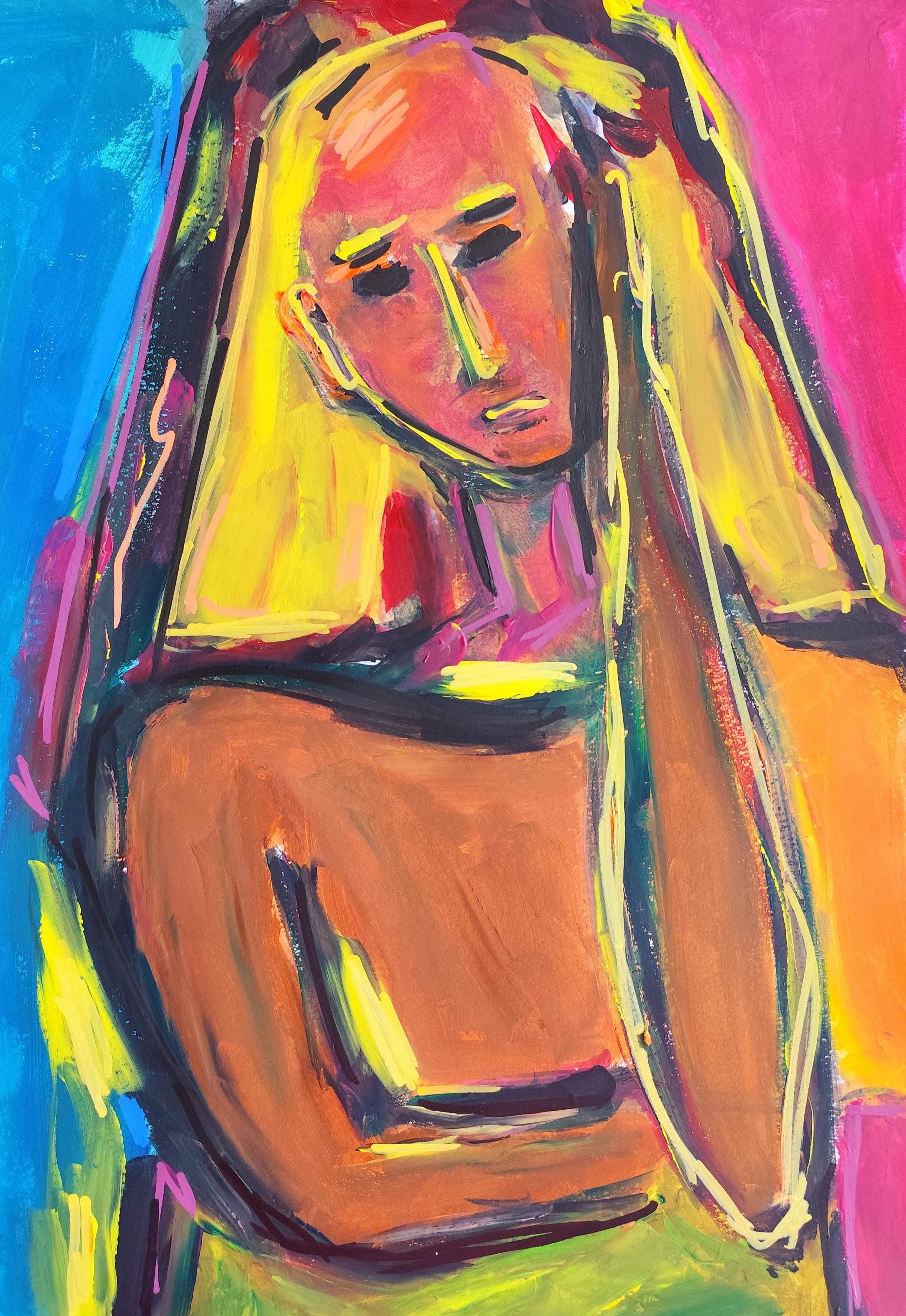 "Quiet mind" Contemporary abstract expressionist woman's portrait painting