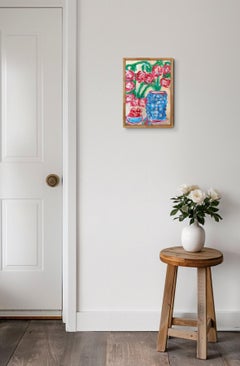 « Fleurs rouges » : nature morte florale contemporaine de style expressionniste, peinture à l'acrylique