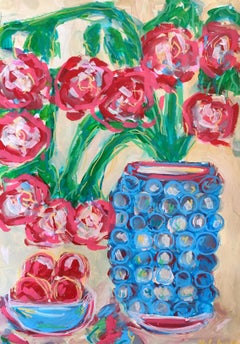 « Fleurs rouges » : nature morte florale contemporaine de style expressionniste, peinture à l'acrylique
