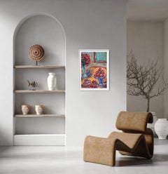 "Flores rojas, manzanas rojas y una taza de café" ( bodegón floral sobre papel)