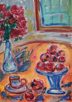 "Red flowers, red apples and a cup of coffee" ( still-life floral art on paper)