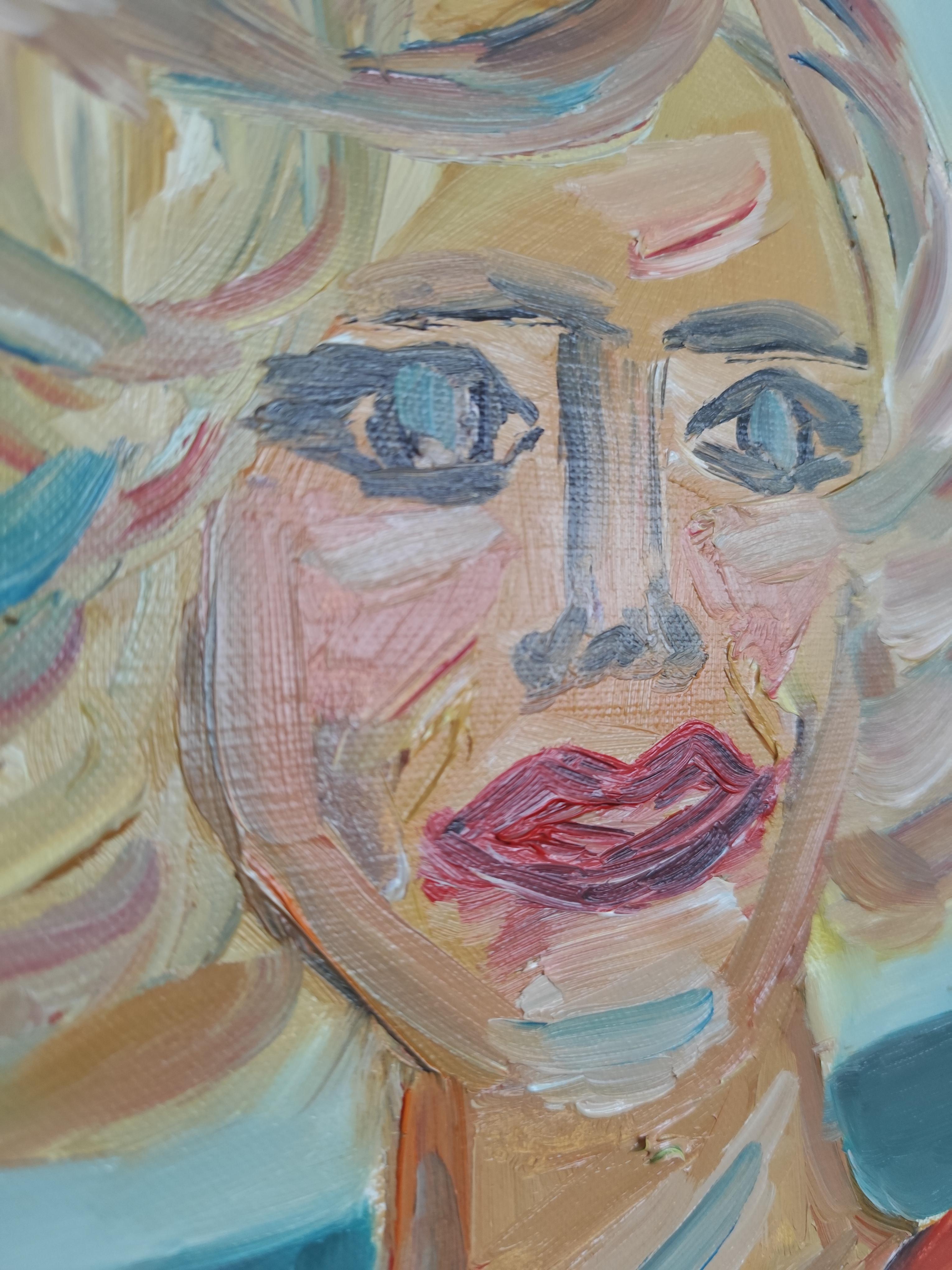 Retrato figurativo contemporáneo al óleo  de una mujer rubia sobre lienzo en venta 5