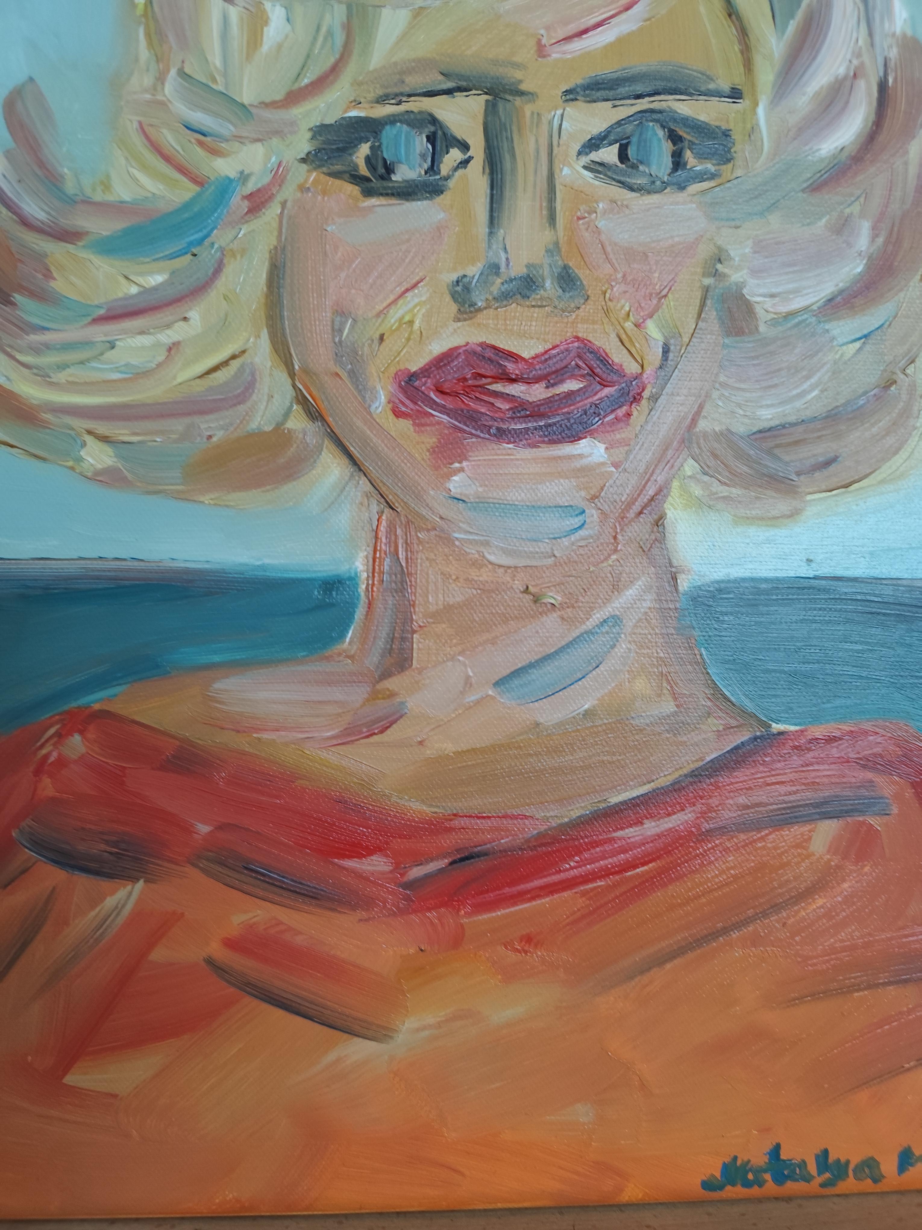 Retrato figurativo contemporáneo al óleo  de una mujer rubia sobre lienzo en venta 6